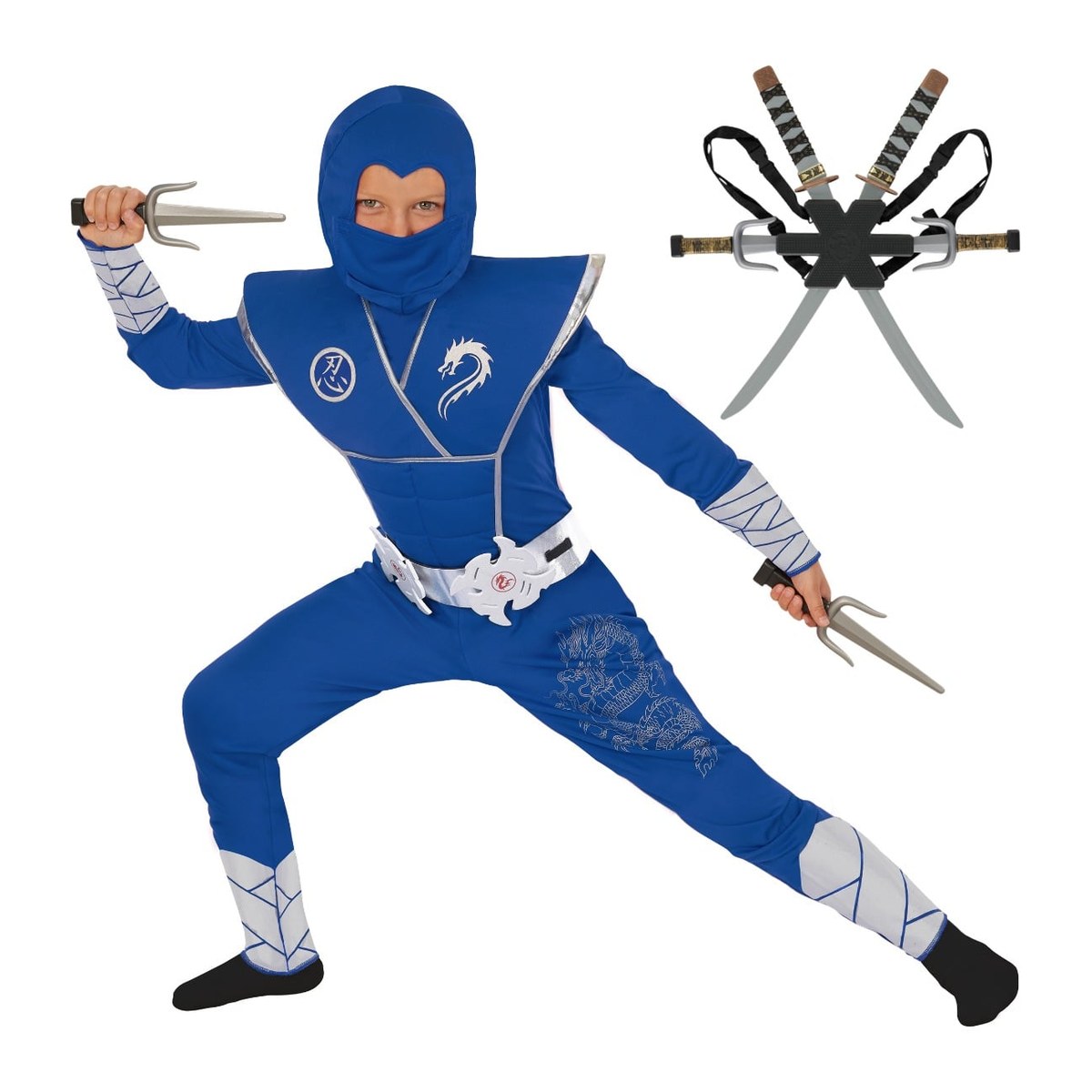 Déguisement de ninja bleu et argenté avec sac à dos pour garçon