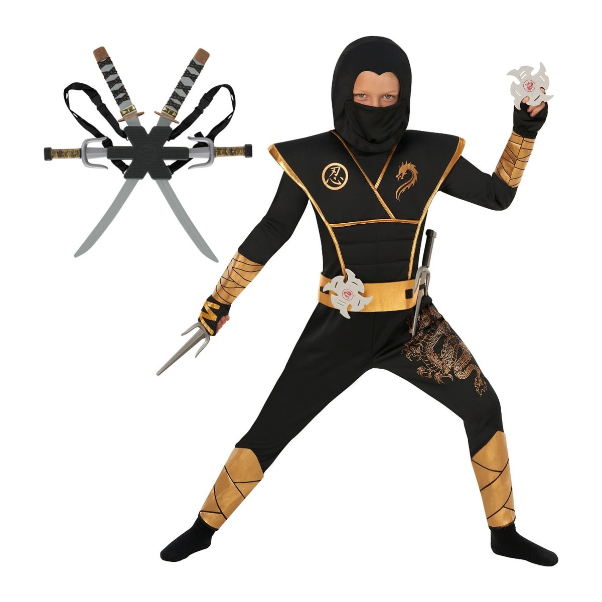 Déguisement garçon ninja or et noir avec sac à dos