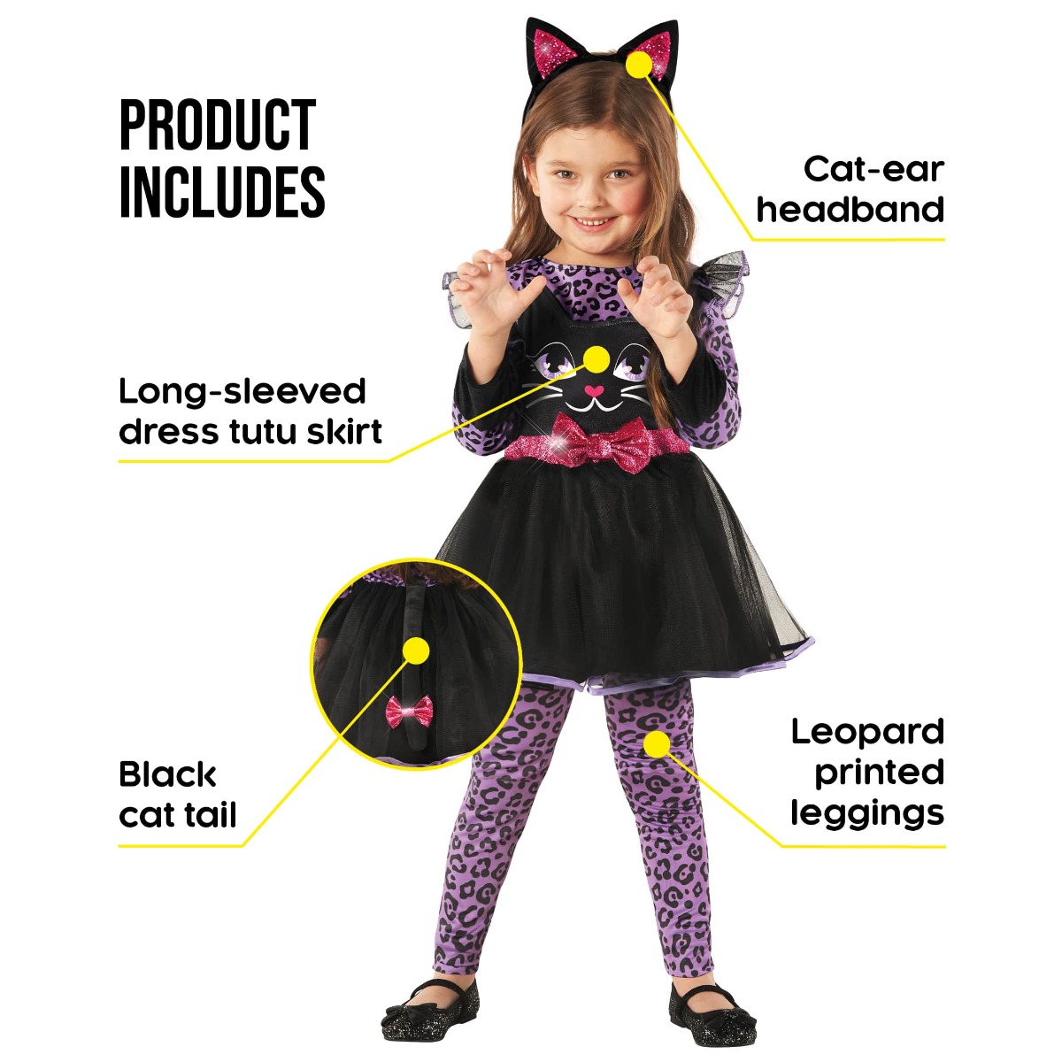Déguisement Chat Rose ReliBeauty Pour Fille – Robe + Bandeau + Queue + Gants – Carnaval, Halloween